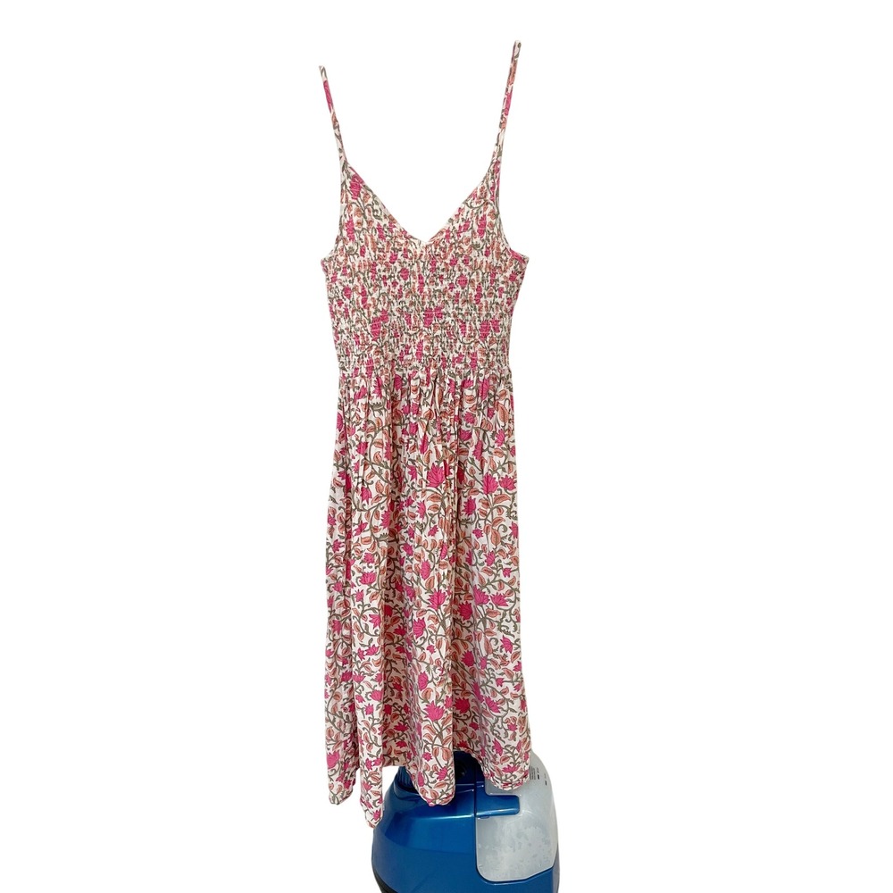 dRA Los Angeles Pink Floral Smocked Cotton Midi Dress Boho Cottage Size XS